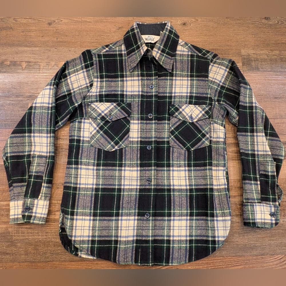 Vintage Woolrich Woman's Wool Button Down Shirt Blue Tartan Plaid USA Wool Sz 12